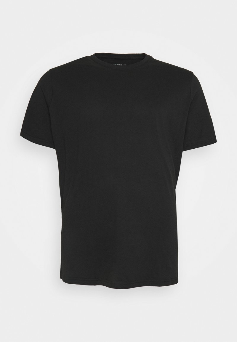 Schwarz Baumwoll-T-Shirt mit Rundhalsausschnitt, kurzen Ärmeln und lockerer Passform. Glatte Textur, keine sichtbaren Muster oder Akzente.