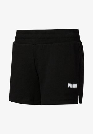 Pantalones cortos deportivos negros con cinturilla elástica, bolsillos laterales y logo blanco de Puma en la parte inferior de la pierna izquierda.