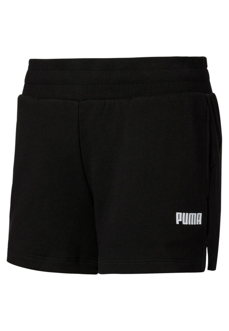 Shorts de sport noirs avec taille élastique, poches latérales et logo Puma blanc en bas de la jambe gauche.