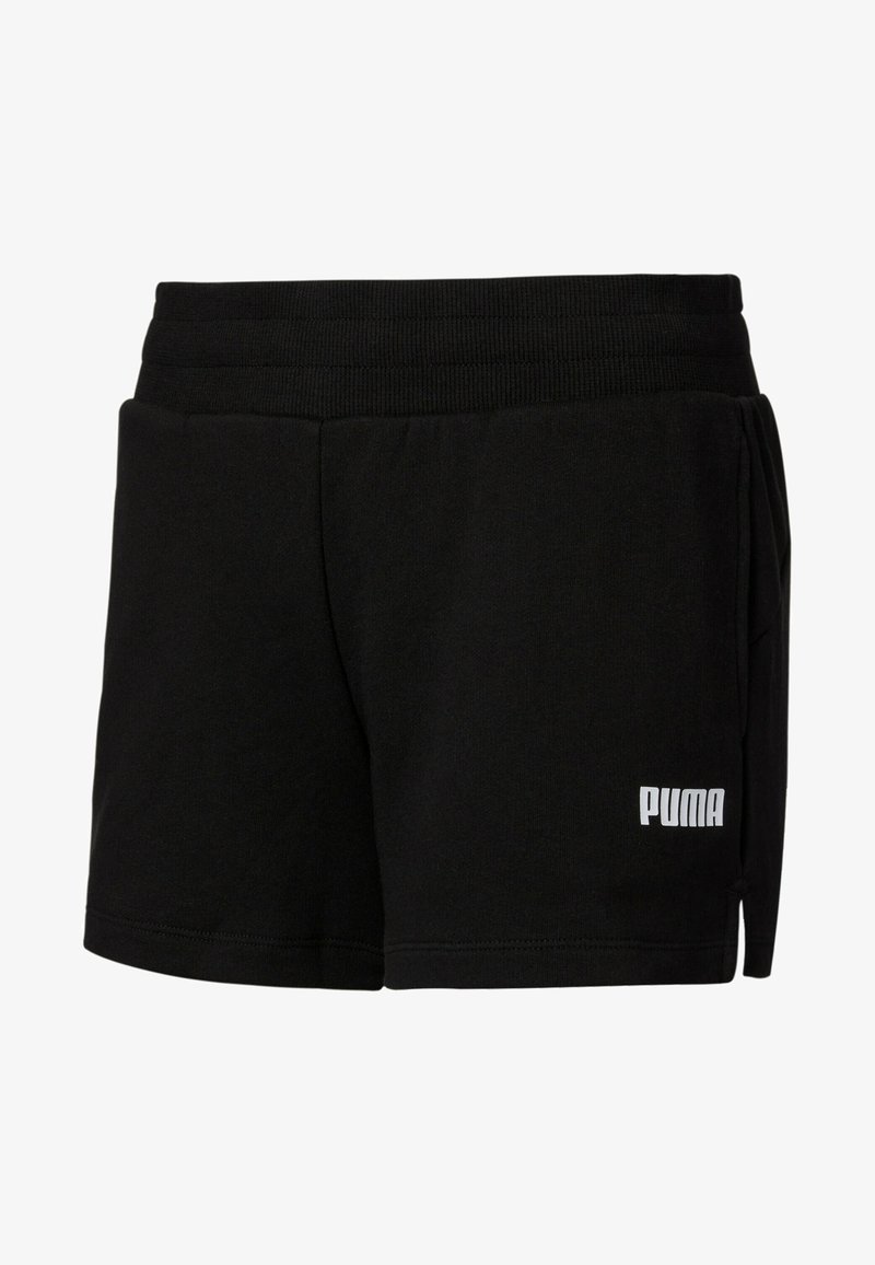 Černé sportovní kraťasy s elastickým pasem, bočními kapsami a bílým logem Puma na dolní levé nohavici.