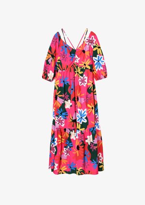 Lillelille roosa lillemustriga kleit, millel on lühikesed puffvarrukad, kihiline seelik ja mitmevärvilised mustrid tumedal taustal.