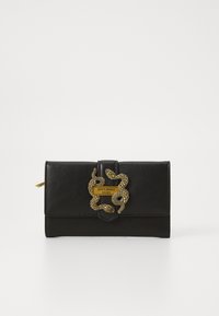 Black leather wallet with a gold snake design on the flap and a logo plate, featuring a textured finish and a snap closure.