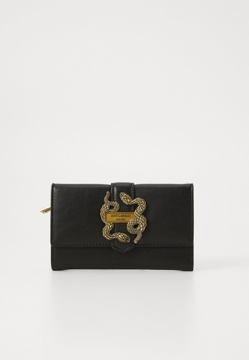Black leather wallet with a gold snake design on the flap and a logo plate, featuring a textured finish and a snap closure.