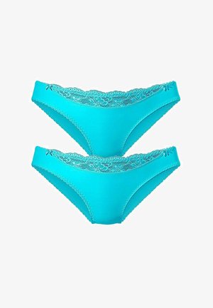 Türkises Damenunterwäsche-Set mit Spitzenbesatz. Weicher Stoff, tiefer Schnitt, mit floralem Muster am Bund, zwei Paar abgebildet.