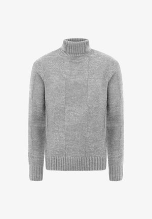 Grauer Rollkragenpullover aus strukturiertem Strickstoff, mit gerippten Bündchen und Saum, und einem Blockmuster über den gesamten Körper.