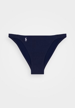 Tummansininen bikinin alaosa, joka on valmistettu pehmeästä kankaasta. Vasemmalla puolella on kohokirjailtu logo, ja se tarjoaa klassisen leikkauksen sekä sileän pinnan.