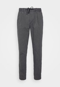 Grå byxor med elastisk midja och justerbar dragsko, med framfickor och en tapered ben-design. Mjuk tygtextur.