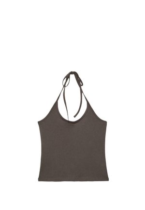 Dunkelgraues ärmelloses Neckholder-Top mit dünnen, am Hals gebundenen Trägern, flach auf weißem Hintergrund ausgelegt.