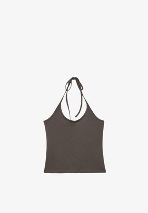 Ciemnoszary, bezrękawny top z wiązanymi na szyi cienkimi ramiączkami, rozłożony na białym tle.