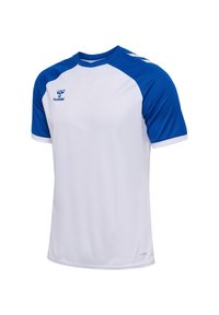 Hvid sportstrøje med blå raglanærmer, lavet af åndbart stof. Har rund halsudskæring og Hummel-logo på brystet.