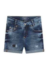Shorts de mezclilla en un lavado azul medio, con detalles desgastados, dobladillos enrollados y costuras decorativas en los bolsillos. Diseñados con un ajuste clásico.