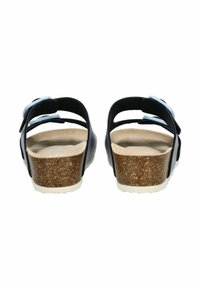 Czarne sandały z korkowym obcasem, regulowanymi paskami i jasnoniebieskimi akcentami, z teksturowanym wnętrzem dla komfortu i wsparcia.