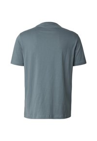 Pelēka kokvilnas T-krekls ar īsām piedurknēm, apaļu kakla izgriezumu un vaļēju piegriezumu. Uz muguras nav redzamu dizainu vai logotipu.