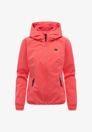 Coral pink hooded jacket with front zipper, two zippered side pockets, elastic cuffs, and small black logo on the chest.