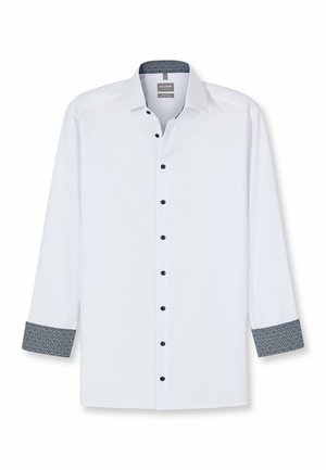 Weißes Langarmhemd mit blauen gemusterten Manschetten und schwarzen Knöpfen, mit einem klassischen Kragen und einer glatten Stoffoberfläche.