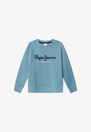 Hellblauer Sweatshirt mit langen Ärmeln, Rippbündchen und Saum, mit "Pepe Jeans London"-Logo in dunkelblauer Schrift auf der Brust.