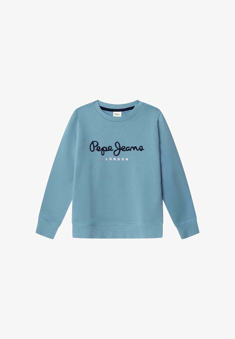 Sweatshirt azul claro de manga comprida com punhos e bainha canelados, com o logótipo "Pepe Jeans London" em letra cursiva azul escura no peito.