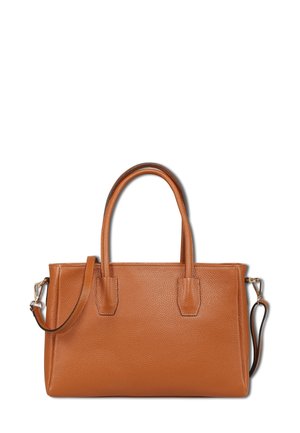 Braune strukturierte Lederhandtasche mit doppelten Griffen, einem abnehmbaren Schultergurt und einer strukturierten rechteckigen Form.