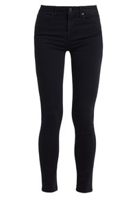 Jeans negros ajustados fabricados en una mezcla de algodón elástico, que cuentan con un diseño clásico de cinco bolsillos, presillas para el cinturón y un cierre de botón.