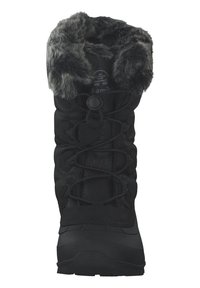 Schwarze Winterstiefel mit Kunstfellkragen, Schnürdesign, strukturiertem synthetischem Obermaterial und solidem Gummisohle für besseren Halt.