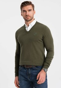 Olijfgroene v-halstrui in een gestructureerde brei, gedragen over een witte blouse met kraag. Heeft aansluitende mouwen en subtiele logo borduursel op de borst.