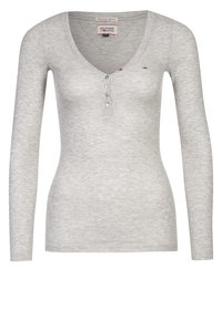 Light grey long-sleeve shirt with a deep V-neck, featuring four decorative buttons, ribbed texture, and small embroidered logo on the chest.