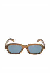 Brown wooden sunglasses with blue lenses, rectangular shape, and thick frames. Features a subtle logo on the left lens.