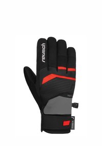 Zwarte en grijze winterhandschoen met rode accenten, geprofileerde stof, articulaire vingers en een verstelbare polsband voor een gepersonaliseerde pasvorm.
