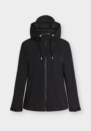 Sort hættejakke med frontlynlås, justerbare snore med gyldne detaljer, sidelommer og velcrobånd ved ærmerne.