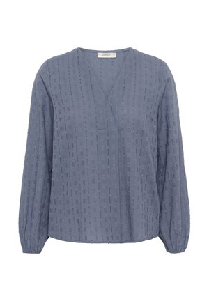 Langärmlige, V-Ausschnitt-Bluse aus strukturiertem blauen Stoff mit vertikalem Streifenmuster und lockerer Passform. Mit gerafften Ärmeln und einem dezenten Glanz.