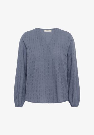 Hosszú ujjú, V nyakú blúz texturált kék anyagból, függőleges csíkos mintával és laza szabással. Ráncolt ujjaival és visszafogott fényével rendelkezik.