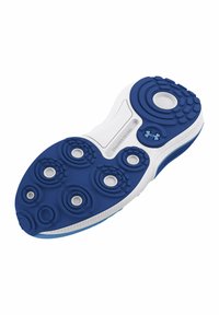 Suola di scarpa atletica blu e bianca con una superficie in gomma testurizzata, caratterizzata da motivi circolari, scanalature e un logo prominente.