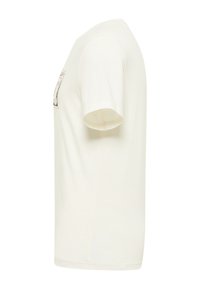 White cotton t-shirt with a round neckline, short sleeves, and a straight hem. Features a graphic print in a rectangular design on the front.