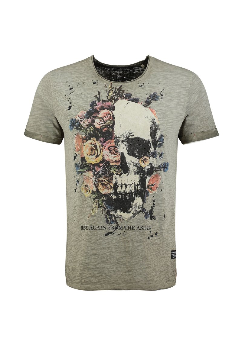 Gray T-shirt featuring a skull graphic surrounded by colorful flowers, with text "RISE AGAIN FROM THE ASHES" below the design.