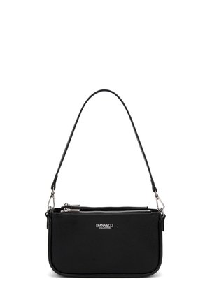 Sac à main rectangulaire en cuir noir avec fermetures éclair argentées et bandoulière amovible, de marque "DIANA&CO COLLECTION" à l'avant.