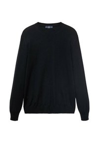 Pull en maille noir à manches longues, col rond, poignets et ourlet côtelés. Texture douce et design simple, idéal pour superposer.