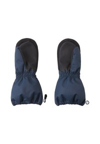 Marineblaue Fäustlinge mit elastischen Bündchen, schwarzen Griffakzenten auf der Handfläche und den Fingerspitzen sowie einem glatten Außenmaterial. Wasserdichtes Material.