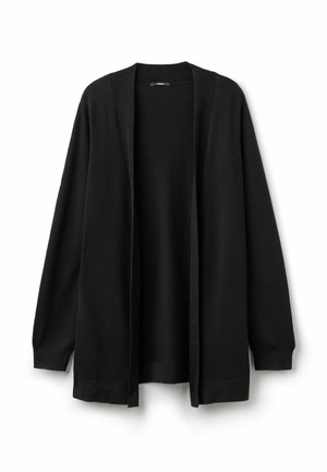Schwarze Strickjacke mit langen Ärmeln, offenem Design, leichtem Material und ohne Verschlüsse. Einfaches und vielseitiges Kleidungsstück für die Garderobe.