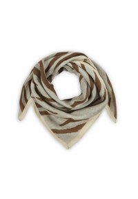 Bruine en beige sjaal met een patroon, gemaakt van zacht materiaal, driehoekige vorm met een gladde textuur en contrasterende rand.