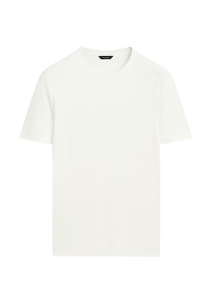 Effen wit T-shirt met korte mouwen en ronde halslijn, met een rechte zoom, weergegeven op een witte achtergrond.