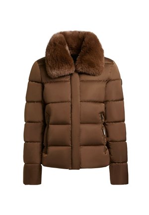 Geacă puf din brown cu guler din blană sintetică, cusături orizontale, buzunare cu fermoar și un design ajustat. Material exterior neted, umplutură călduroasă.