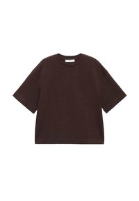 Brun bomulds oversized t-shirt med rund hals, korte ærmer og en afslappet pasform. Glat tekstur, minimalistisk design, ingen synlige mønstre eller accenter.