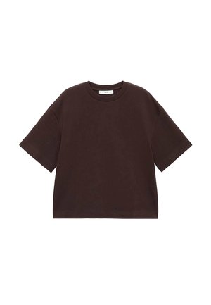 Bruine katoenen oversized T-shirt met een ronde hals, korte mouwen en een ontspannen pasvorm. Voorzien van een gladde textuur, minimalistisch ontwerp, zonder zichtbare patronen of accenten.