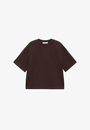 Braunes Baumwoll-T-Shirt im Oversize-Stil mit Rundhalsausschnitt, kurzen Ärmeln und lockerer Passform. Glatte Textur, minimales Design, keine sichtbaren Muster oder Akzente.