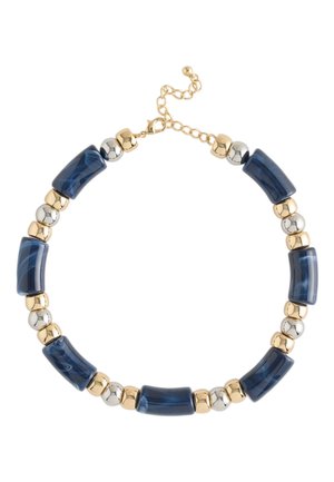 Gold and silver round beads alternate with curved dark blue rectangular beads forming a beaded necklace with a gold clasp.