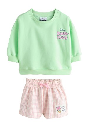 Kinder-Zweiteiler mit einem hellgrünen Daisy Duck Sweatshirt und rosa karierten Shorts mit Daisy Duck Aufdruck und Schleifendetail.