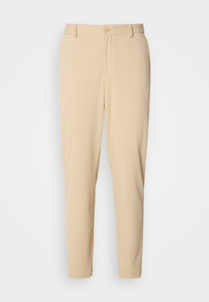 Beidzs, teksturēti bikses ar slaidu piegriezumu, ar priekšējo pogu aizdari, jostas cilpām un sānu kabatām. Gluda auduma apdare.