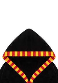 Black fleece robe featuring a pointed hood with a red and yellow striped trim. Soft texture, no visible hardware or additional patterns.