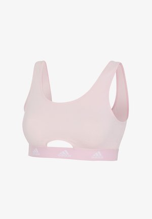 Roze sportbh met brede banden, een ronde halslijn en een uitsnijding. Beschikt over een contrasterende elastische band met logo-accenten.