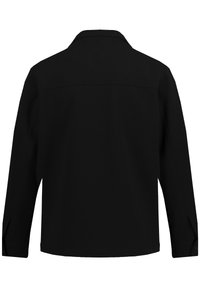 Giacca nera con colletto, maniche lunghe e polsini con bottone. Presenta una texture liscia e un design semplice, senza motivi visibili o dettagli decorativi.